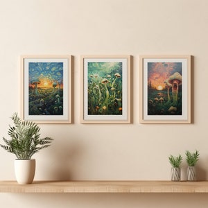 Mushroom Wall Art - Set of 3 - Digital Download - Mushroom Field Aesthetic Oil Painting, Mushroom Wall Decor - Trippy Wall Art