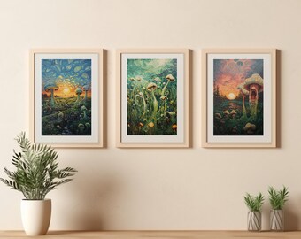 Mushroom Wall Art - Set of 3 - Digital Download - Mushroom Field Aesthetic Oil Painting, Mushroom Wall Decor - Trippy Wall Art