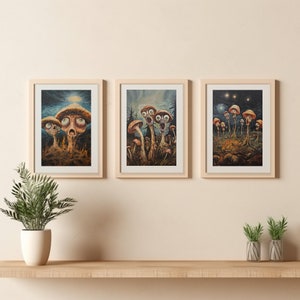 Mushroom Print - Set of 3 - Digital Download - Mushroom Field Aesthetic Oil Painting, Mushroom Wall Decor - Trippy Wall Art