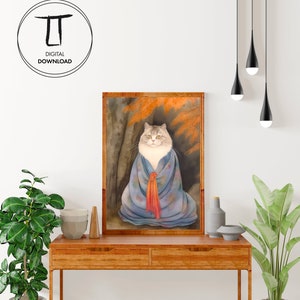 White Cat Wall Art, Zen Cat Art Print, Relaxing Cat Japanese Style ...