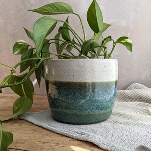 May include: A cylindrical ceramic planter featuring a two-tone glaze with a speckled off-white upper section and a deep, mottled teal-green lower section. A trailing green pothos plant with variegated leaves grows from the planter.