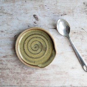 Mini Handmade Stoneware Teaspoon Rest: Green Brown Glazed spoon rest, Small ceramic spoon rest