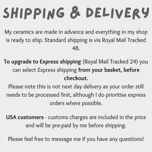 May include: Text on a white background reads "SHIPPING & DELIVERY". Additional text explains shipping options, including standard and express, and mentions customs charges for USA customers. Contact for questions.