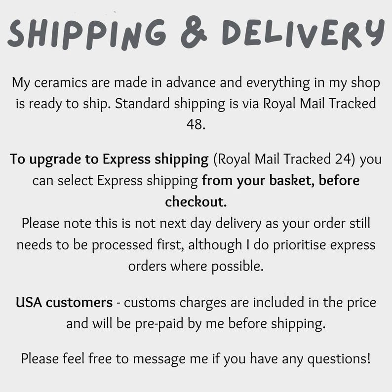 May include: Text on a white background reads "SHIPPING & DELIVERY". Additional text explains shipping options, including standard and express, and mentions customs charges for USA customers. Contact for questions.