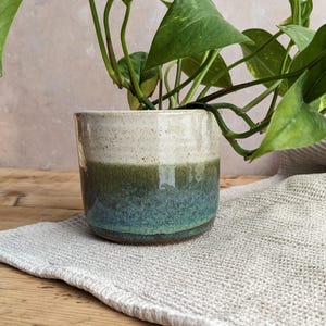 May include: A two-tone ceramic plant pot. The top half is speckled off-white, blending into a deep green and teal blue base. The pot contains a green leafy plant. It rests on a light grey textured cloth. The pot is ideal for indoor plants.