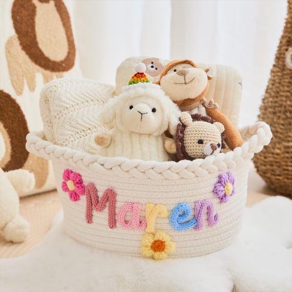 Cesto In Corda Di Cotone Personalizzato Per Neonati - Portagiochi, Biancheria, Decorazione, Regalo Baby Shower (31x21x13 Cm)