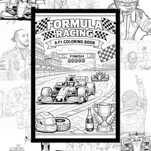 Puede incluir: Dibujo lineal en blanco y negro de un libro para colorear de carreras de Fórmula 1. La portada presenta el texto "Formula Racing, A F1 Coloring Book" con coches de carreras, una bandera a cuadros y un trofeo.
