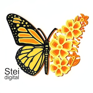 Mandala papillon 3D SVG, fichiers DXF, svg papillon floral 3D, svg papillon en couches, fichier de découpe laser, mandala de fleurs SVG pour Cricut.