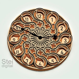 Gelaagde wandklok mandala lasergesneden dxf-bestanden, Cricut svg, klok home decor svg, gelaagde klok, 3D-wandklok ontwerp vectorbestand, C8.