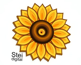 3D-Sonnenblumen-Mandala SVG DXF: Laserschnittdatei