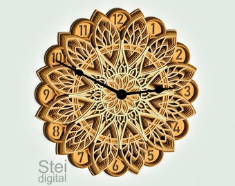 3d Layered Wall Clock mandala, dxf laser cut files, Multilayer Mandala, Cricut svg, 3d mandala svg, 3d Wall Clock design vector file, C7.