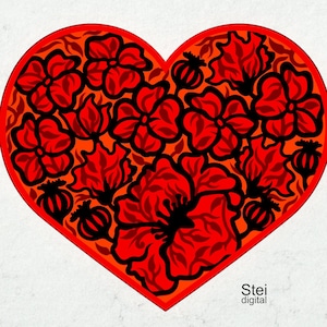3d floral Herz svg, dxf schnitt Datei, Valentinstag svg, Mohnblumenherz-Mandala svg, Schichtherz-Design schnitt die Dateien für Laser, Cricut, Silhouette.