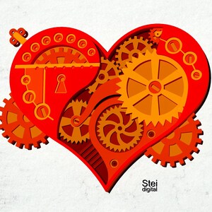 May include: A stylized illustration of a heart with a steampunk theme. The heart is red with orange gears and mechanical elements inside. The image has a textured background and the text "Stei digital" in the bottom right corner.
