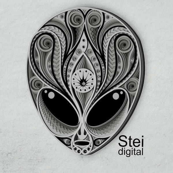 3d Layered Alien SVG, Dxf cut files, alien head svg, alien vector file, 3d ufo svg, Alien Cricut, Alien Silhouette, Alien laser cut files.