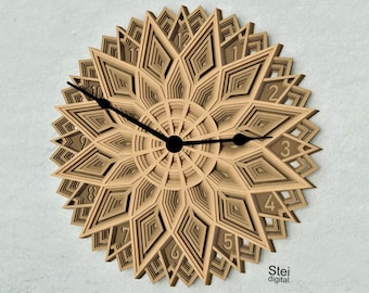 Layered Star Wall Clock SVG DXF: Laserskuren Mandala Design (Digital Nedladdning)