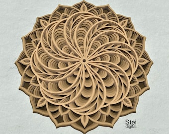 May include: A brown, intricate, layered mandala design with a swirling pattern. The mandala is made of wood and has a delicate, intricate design.