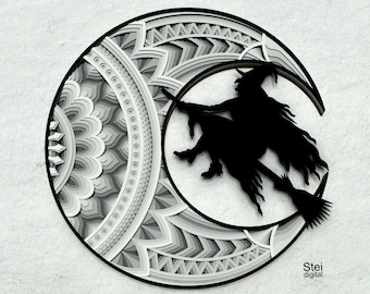 May include: A black and white paper cut design of a witch flying on a crescent moon. The moon is decorated with a detailed mandala pattern. The design is signed "Stei digital" in the bottom right corner.