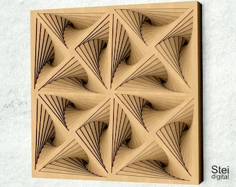 May include: A geometric wall art piece made of wood with a 3D design. The piece is made up of a series of triangles that are layered on top of each other, creating a sense of depth and dimension. The triangles are painted in a light brown color, and the lines that define the triangles are painted in a darker brown color.