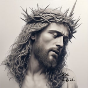 May include: A black and white digital illustration of a man with long, curly hair wearing a crown of thorns. The man has his eyes closed and is looking down. The text "Stei digital" is in the lower right corner of the image.