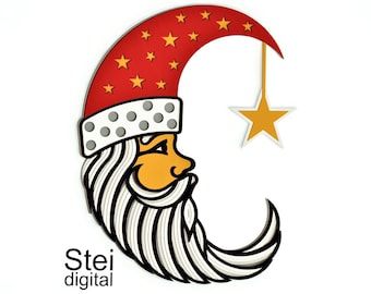 3D Santa Moon SVG DXF: gelaagde kerstmandala (laser-/cricutbestanden)