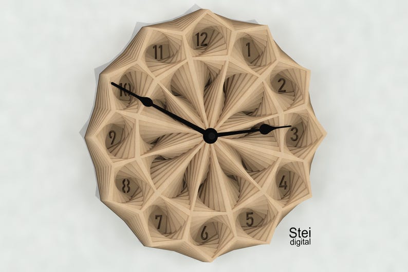 May include: A wooden clock with a unique geometric design. The clock face features Roman numerals and black hands. The clock is made of light brown wood and has a white background.