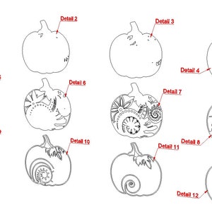 May include: Line drawings of pumpkins with various designs. The image shows twelve pumpkin illustrations, each with a different pattern or level of detail. Some pumpkins are plain, while others feature intricate designs.