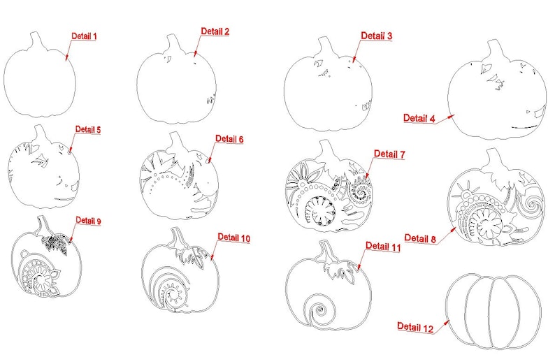 May include: Line drawings of pumpkins with various designs. The image shows twelve pumpkin illustrations, each with a different pattern or level of detail. Some pumpkins are plain, while others feature intricate designs.