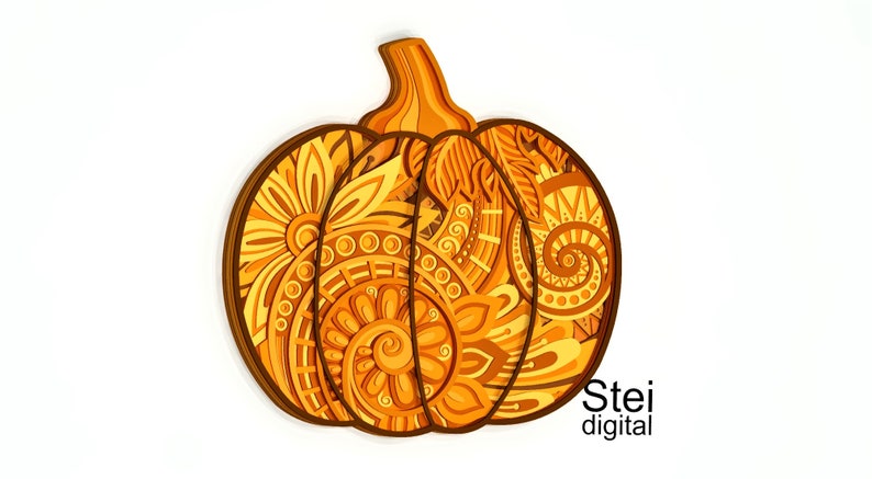 May include: A layered, decorative pumpkin in shades of orange and brown, featuring intricate floral and geometric patterns. The pumpkin has a stem and is set against a white background. The text "Stei digital" is in the bottom right corner.