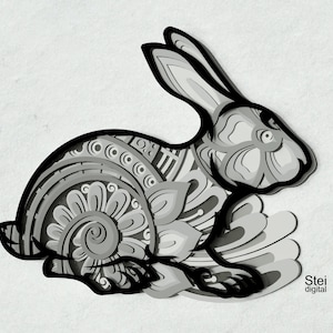 Svg lapin floral 3D, fichiers coupés dxf pour laser, Cricut, Silhouette, svg lapin de Pâques, svg mandala lapin en couches, svg du nouvel an chinois.