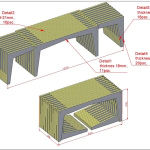 May include: A 3D illustration of a bench and a smaller bench made of wood slats. The bench is 1550 mm long and the smaller bench is 850 mm long. The bench is made of 10 pieces of wood that are 19-21 mm thick. The smaller bench is made of 20 pieces of wood that are 18 mm thick.