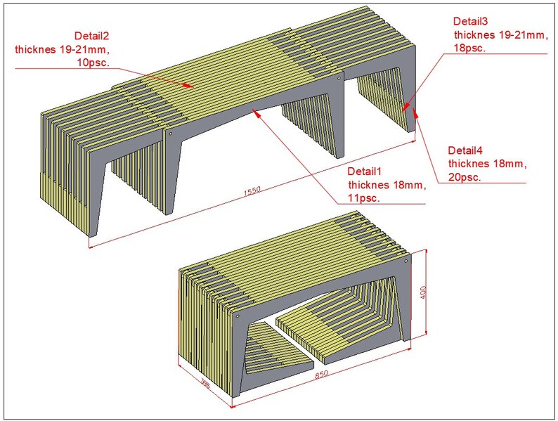 May include: A 3D illustration of a bench and a smaller bench made of wood slats. The bench is 1550 mm long and the smaller bench is 850 mm long. The bench is made of 10 pieces of wood that are 19-21 mm thick. The smaller bench is made of 20 pieces of wood that are 18 mm thick.