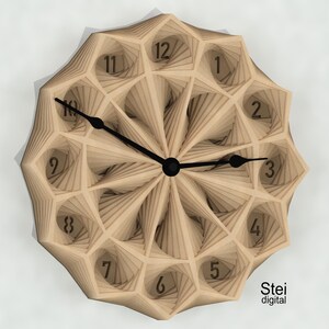 May include: A wooden clock with a geometric design and black hands. The clock face has Roman numerals and the text "Stei digital" is printed below the clock face.