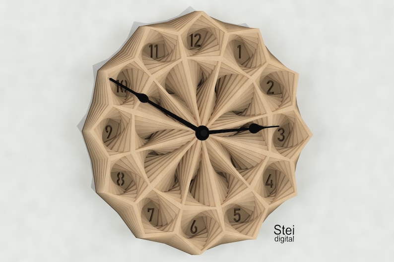 May include: A wooden clock with a geometric design and black hands. The clock face has Roman numerals and the text "Stei digital" is printed below the clock face.