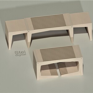 May include: Three wooden benches with slatted tops and open sides. The benches are stacked on top of each other, with the largest bench on the bottom and the smallest bench on top. The benches are made of light brown wood and have a natural finish.