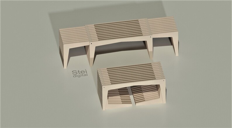 May include: Three wooden benches with slatted tops and open sides. The benches are stacked on top of each other, with the largest bench on the bottom and the smallest bench on top. The benches are made of light brown wood and have a natural finish.