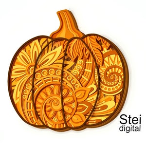 May include: A layered, decorative pumpkin in shades of orange and brown, featuring intricate floral and geometric patterns. The pumpkin has a stem and is set against a white background. Text on the lower right corner reads "Stei digital".