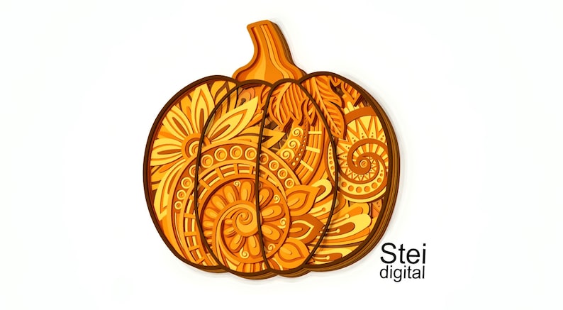 May include: A layered, decorative pumpkin in shades of orange and brown, featuring intricate floral and geometric patterns. The pumpkin has a stem and is set against a white background. Text on the lower right corner reads "Stei digital".