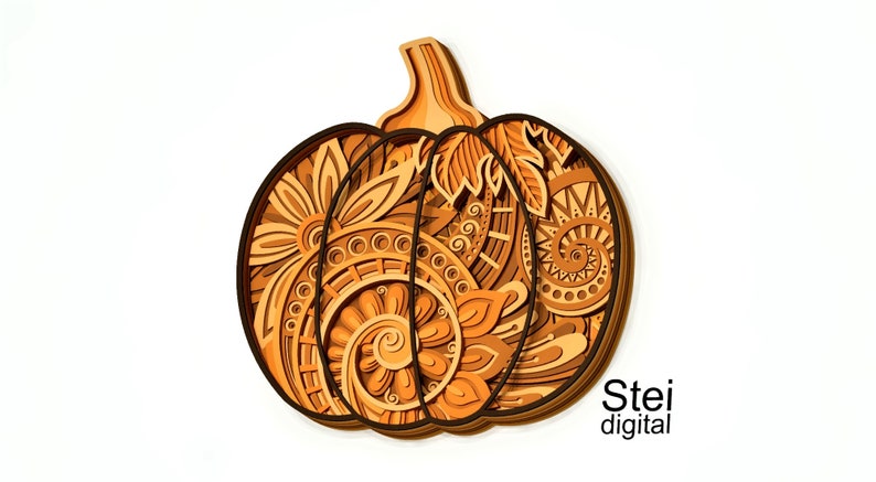 May include: A layered wooden pumpkin with intricate floral and geometric designs. The pumpkin is in shades of brown and orange, with a dark brown outline. The design includes spirals, flowers, and leaf patterns. The text "Stei digital" is in the lower right corner.