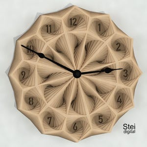 May include: A wooden clock with a geometric design and black hands. The clock face has Roman numerals and the text "Stei digital" is printed below the clock face.
