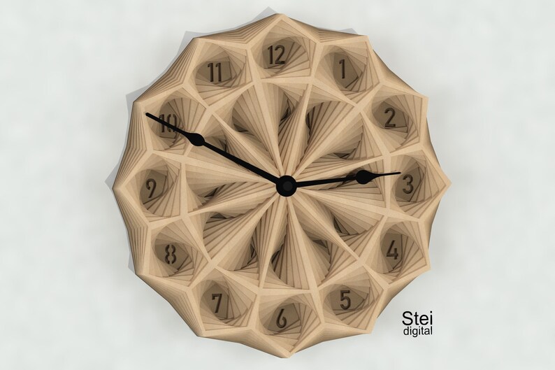 May include: A wooden clock with a geometric design and black hands. The clock face has Roman numerals and the text "Stei digital" is printed below the clock face.