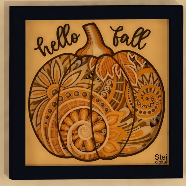 Hello fall shadow box svg, dxf, 3d Pumpkin svg, Halloween svg, Pumpkin Mandala svg, layered autumn cut file for laser, Cricut, Silhouette.