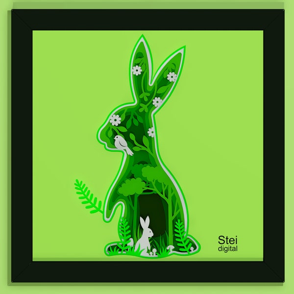 3d Easter bunny shadow box svg, dxf, Easter rabbit papercut template, spring paper cut svg, bunny cut files for Cricut, laser, Silhouette.