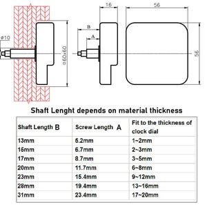 May include: Diagram showing the dimensions of a clock movement mechanism. The diagram includes measurements in inches and a table showing shaft length, screw length, and the corresponding clock dial thickness.