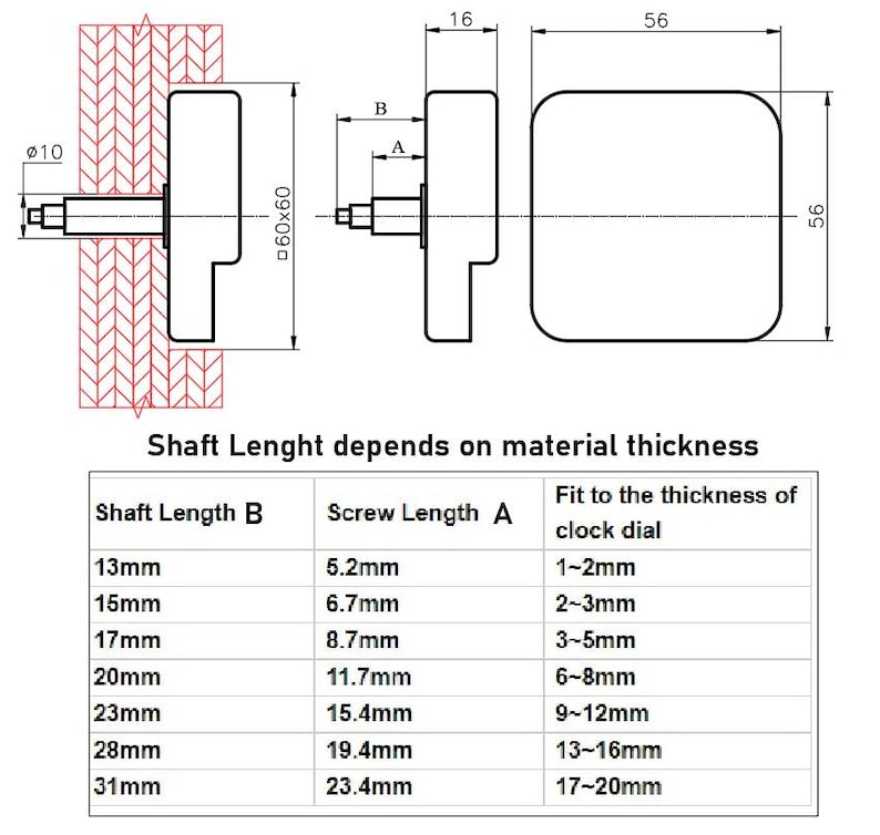 May include: Diagram showing the dimensions of a clock movement mechanism. The diagram includes measurements in inches and a table showing shaft length, screw length, and the corresponding clock dial thickness.