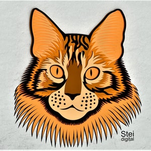 Svg 3D chat Maine Coon, fichiers Dxf découpés au laser, chat svg en couches, vecteur de visage de chat, chat mandala svg, fichiers coupés chat pour Cricut, laser, Silhouette.