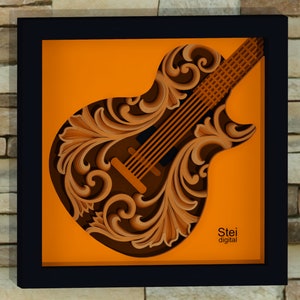 3D gitaar shadow box svg, gitaar papier gesneden sjabloon, gitaar gelaagde svg, vintage svg, gitaar mandala gesneden bestand voor Cricut, laser, Silhouette.