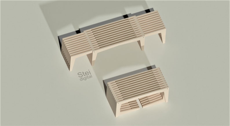 May include: Two wooden benches with slatted seats and legs. The larger bench is in the background and the smaller bench is in the foreground. The benches are made of light wood and have a natural finish.