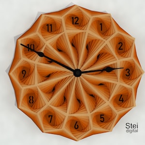 May include: A wooden clock with a geometric design in shades of brown and orange. The clock face has black Roman numerals and black hands. The clock is made by Stei digital.