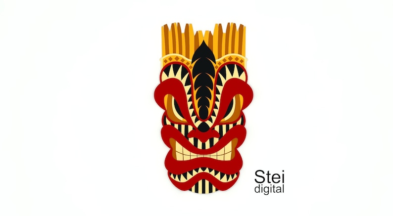 Pode incluir: Uma m&aacute;scara tiki vermelha, preta e amarela com uma express&atilde;o feroz. A m&aacute;scara est&aacute; sobre um fundo branco com o texto "Stei digital" abaixo.
