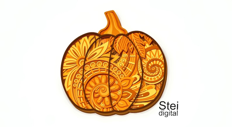 May include: A layered, decorative pumpkin in shades of orange and brown, featuring intricate floral and spiral patterns. The pumpkin has a stem and is set against a white background. The text "Stei digital" is in the lower right corner.